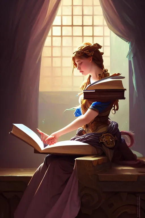 Image similar to photography alexey kurylev, a girl reading a book, gentle, deep focus, d & d, fantasy, complex, elegant, highly detailed, digital painting, artstation, concept art, matte, clear focus, illustration, hearthstone, artgerm art, greg rutkovsky and alphonse mucha