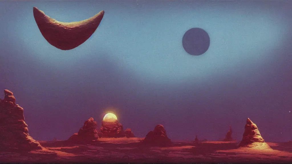 Image similar to mysterious sculpture of an alien crescent moon by paul lehr and john schoenherr, cinematic matte painting