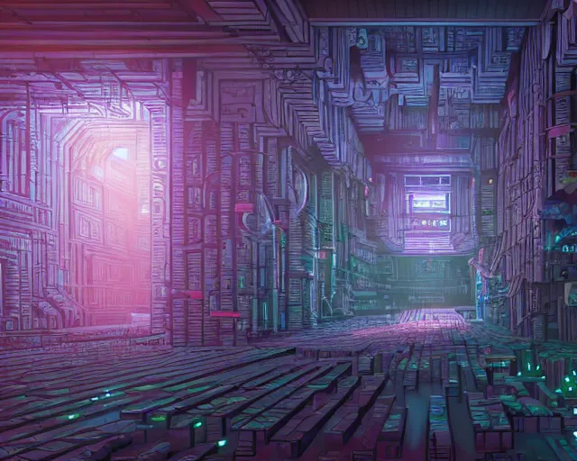 Prompt: interior of an underground maze within a large cyberpunk complex, pixelart, brutalism, volumetric lighting, 8 k, art by dan mumford, greg rutowski, johan grenier