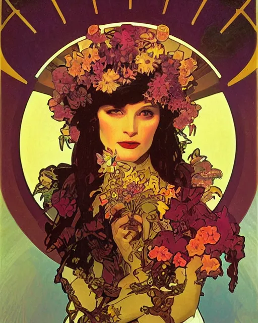 Image similar to flowerpunk portrait of a fierce matriarch by paul lehr, alphonse mucha