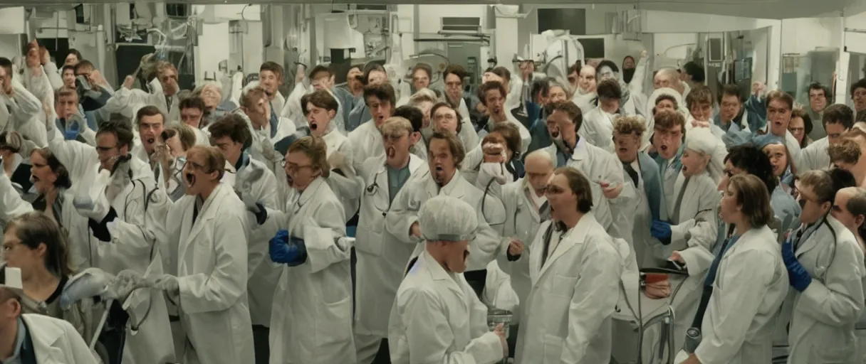 Prompt: filmic dutch angle movie still 4 k uhd 3 5 mm film color photograph of a screaming crowd of doctors trying to escape a lab after a dangerous specimen hass come back to life