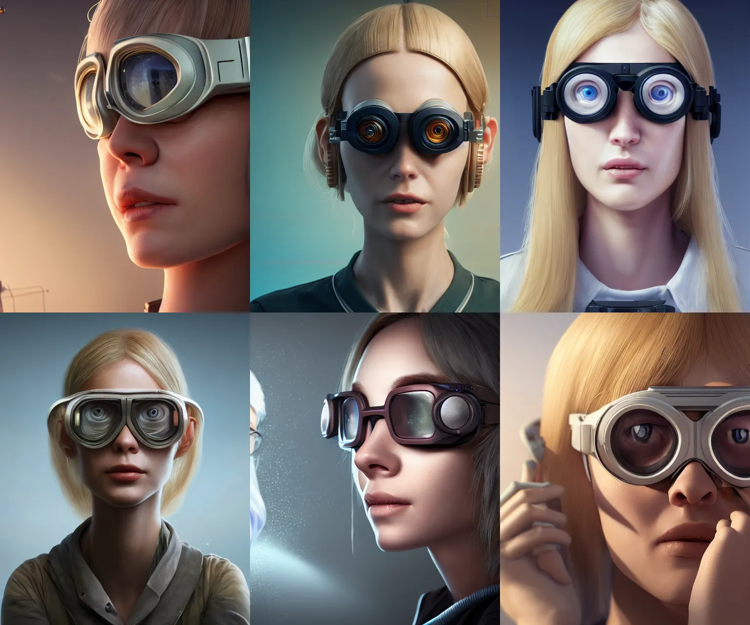 Prompt: incredibly realistic, too detailed face of ai service staff member, blonde smart woman with telescopic goggles, octane render, bump mapping, macro image, global illumination, 8 k, bokeh, enki bilal, yuji himukai, jen zee, peter mohrbacher