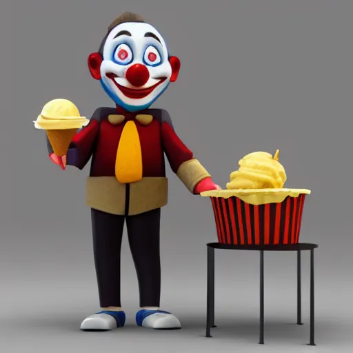 Prompt: Killer Animtronic Clown selling ice cream, 4k, 3d render, realistic