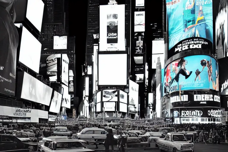 Prompt: a detailed photograph depicting times square at night. a giant digital billboard shows a heroic portrait of a proud blonde woman in her 6 0's. sci fi, neon lighting, futuristic.