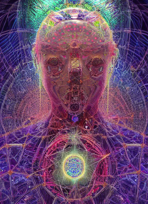 Prompt: symmetric portrait of a biophilic cyborg, filled with crystal growths, circuits and digital elements, with sacred geometry and psychedelic eyes in a cyberpunk landscape of parametric architecture by alex grey, and greg rutkowski, filled with nature gods and dreamcatcher portals, hdr, 3 d, photorealism, mandelbulb 3 d, volumetric lighting, octane render.