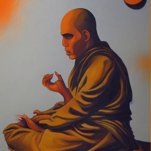 Prompt: an abstract painting that captivates the viewer, illusions, beautiful, fantasy, meditation. A monk meditates in the center to unlock his full potential, smooth, flow, highly detailed