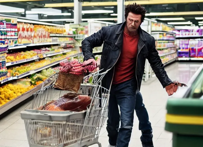 Image similar to film still of Wolverine going grocery shopping in the new X-Men movie, 4k