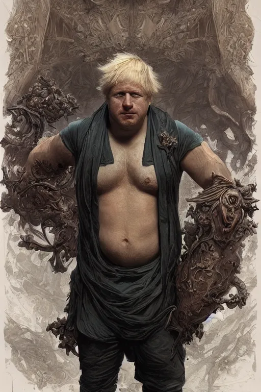 Image similar to portrait of boris johnson as a hulking herculean demon, forest, godlike, full body, fantasy, intricate, elegant, highly detailed, digital painting, artstation, concept art, sharp focus, illustration, art by artgerm and greg rutkowski and alphonse mucha