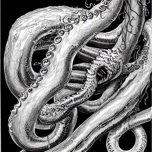 Image similar to a hyper detailed filmic wide shot 30mm color film photograph of a bundle of a dangerous shape shifting alien creaturing spewing long worm-like spiney tendrils out of its snarling mouth, the tendrils are coiling around and smothering a male 70-year-old doctor wearing a lab coat under dreary fluorescent lights in the style of an horror film still from The Thing 1982