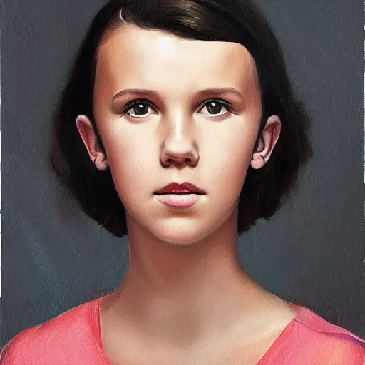 Prompt: Millie Bobby Brown portrait oil painting by zeenchin and ericanthonyj