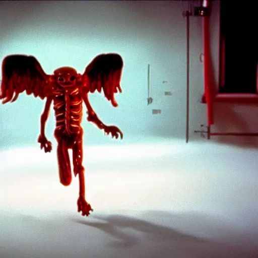 Prompt: a scary filmic wide shot color ground level angle movie still 3 5 mm film photograph of the full body of a fallen angel, with a grotesque variety of mechanical limbs protruding from its torso inside a lab, in the style of nature documentary footage, the thing 1 9 8 2, 8 k resolution