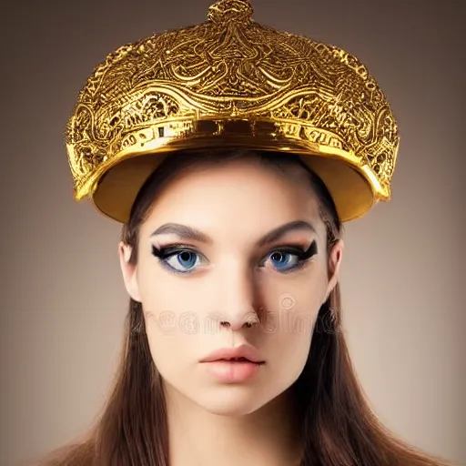 Image similar to A portrait of an attractive young female wearing an ornate metallic helmet, beautiful bone structure,symmetrical facial features,elegant,highly detailed,illustration