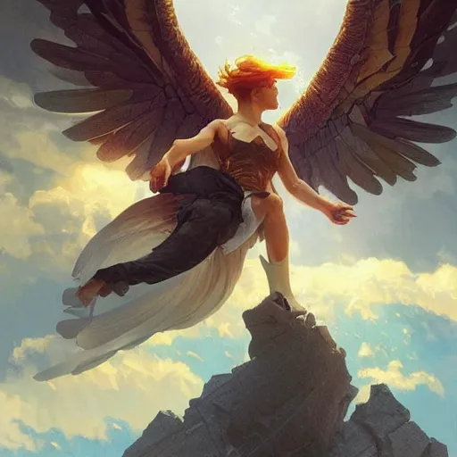 Image similar to Icarus falling from the sky, dramatic light, highly detailed, digital painting, artstation, concept art, sharp focus, illustration, art by artgerm and greg rutkowski and alphonse mucha