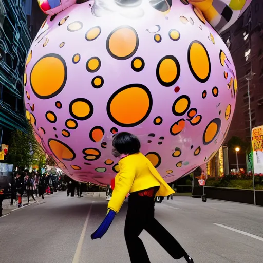 Prompt: daft, ridiculous, joyous, yayoi kusama being chased by a giant ballon dog, nendroid, during golden hour. extremely silly in style of butcher billy.