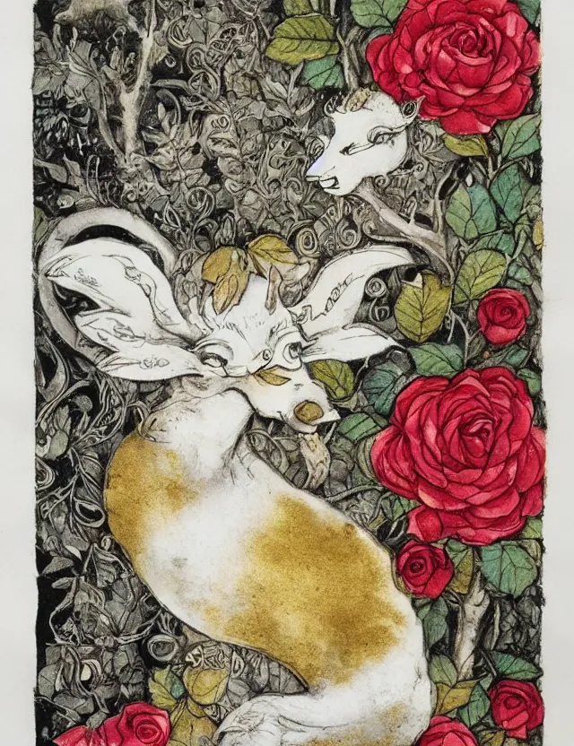 Image similar to animal god of roses and snow. this ink wash and goldleaf work by the beloved children's book illustrator has interesting color contrasts, plenty of details and impeccable lighting.