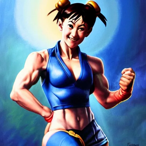 Prompt: ultra realistic kristen schaal as chun li from street fighter, painting by frank frazetta, 4 k, ultra realistic, highly detailed,