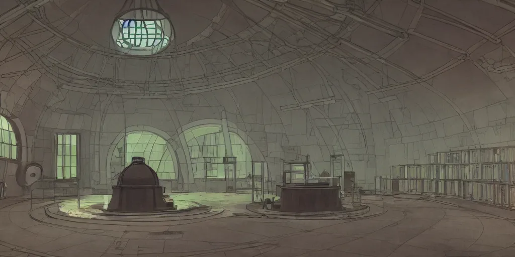 Prompt: A mysterious and godly domed reactor building in a city park, dieselpunk, by Studio Ghibli and Edward Hopper