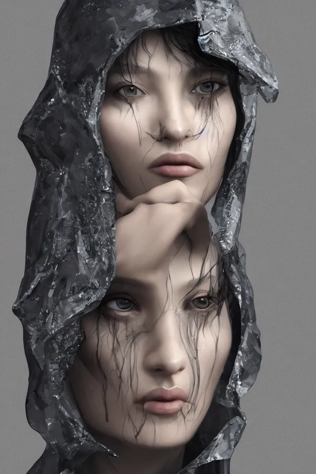 Image similar to realistic render, digital fashion, beautiful woman in tactical poncho designed by alexander mcqueen and acronym, iridiscent rim light, high key, ultra detailed, hyperdetailed, dark backdrop, trending on artstation