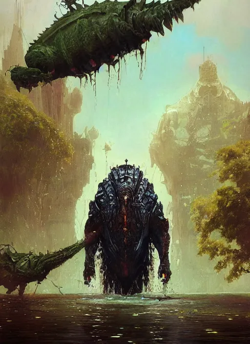 Image similar to huge towering alien brute demon king emerging from lake on sunny day, splashing, partially submerged, by sergey kolesov and lawrence alma tadema and norman rockwell and greg staples and craig mullins and john berkey and ruan jia, artstation creature art