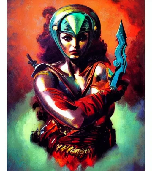 Image similar to portrait of strong iranian female chaos angel, beautiful! coherent! by frank frazetta, by brom, strong line, vivid neon color, shining metal power armor, iron helm, high contrast, maximalist