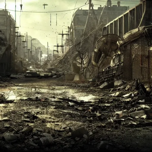 Prompt: a still of wasteland from fallout 3 movie