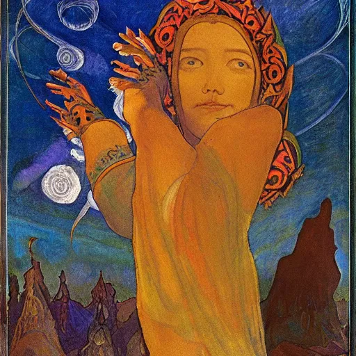 Image similar to the night crown, by Annie Swynnerton and Nicholas Roerich and Diego Rivera, embroidered robes, starry tattoos, elaborate costume, geometric ornament, symbolist, soft colors, dramatic lighting, smooth, sharp focus, extremely detailed