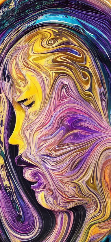 Image similar to epic, abstract sculpture of beautiful female face and black swirling marbling liquifying acrylic portrait, fluffy clouds, golden hour, beautiful light, 3 d sculpture of carving marble, dark colors, dark mood, one point lightning