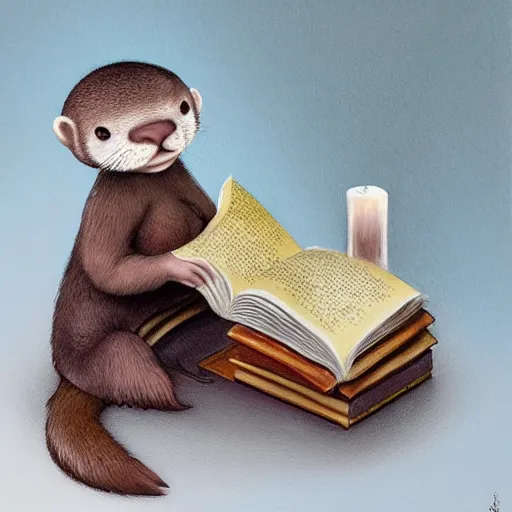 Prompt: an otter monk cleric reading his book, fantasy concept art by nicoletta ceccoli, mark ryden, lostfish, max fleischer