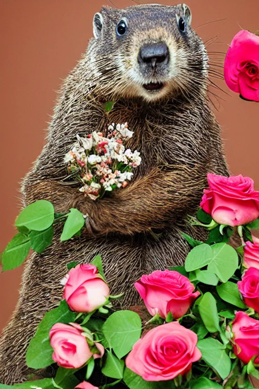 Prompt: groundhog with bouquet of roses photo portrait valentine's day