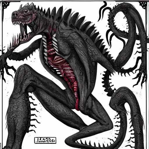 Image similar to big butcher anthropomorphic male lizardfolk posing scarily, scary angry pose, chasing you, bloody, covered in blood, fresh kill, cleaver, in a cave, earie setting, lovecraft eldritch horror, hyperdetailed, furaffinity, anthro art