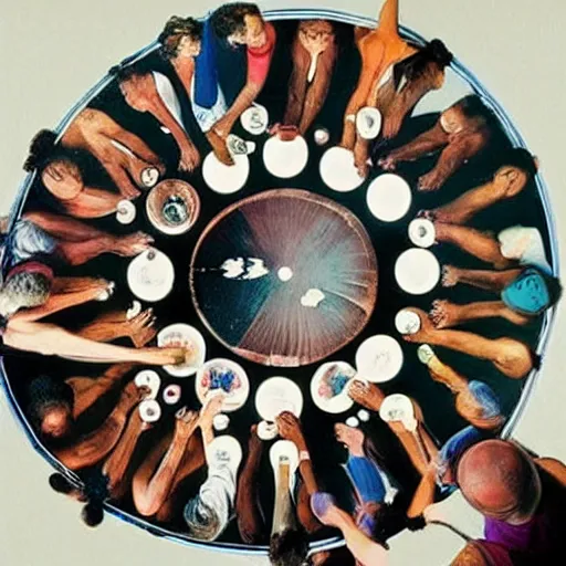 Image similar to A beautiful body art of a group of people standing around a circular table. In the center of the table is a large, open book. The people in the body art are looking at the book with interest and appear to be discussing its contents. obsidian by Edward Steichen, by Scott Listfield neat