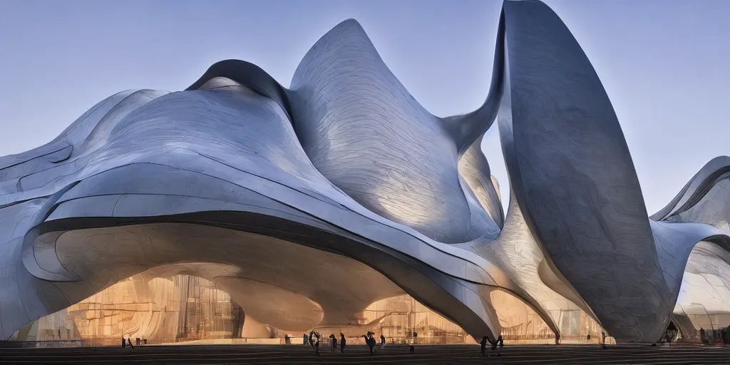 Image similar to extremely elegant smooth detailed stunning sophisticated beautiful elegant futuristic museum exterior by Zaha Hadid, Milan buildings in the background, smooth curvilinear design, stunning volumetric light, stainless steal, concrete, translucent material, beautiful sunset, tail lights