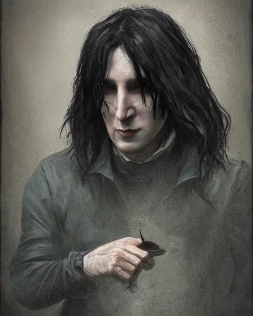 Prompt: portrait of a 3 2 - year - old man wearing black clothes, snape severus, with black, greasy, mid - length hair, hooked nose, dark brown eyes, yellow uneven teeth, hyper realistic face, beautiful eyes, fantasy art, in the style of greg rutkowski, intricate, hyper detailed, smooth