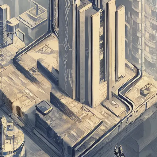 Image similar to beautiful digital illustration of a dystopian, futuristic city with brutalist architecture