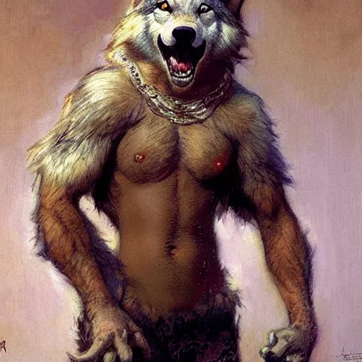 Prompt: a portrait of a furry wolf wearing a tshirt and pants, hairy, furry body, furry chest, furry arms, furry legs, tail. highly detailed painting by gaston bussiere, craig mullins, j. c. leyendecker, furry