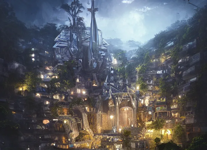 Image similar to favela spaceship cathedral, forest environment, sorcery, scenery, professional, award - winning, trending on artstation, hyper detailed, realistic, beautiful, emotional, shiny, somber, picture