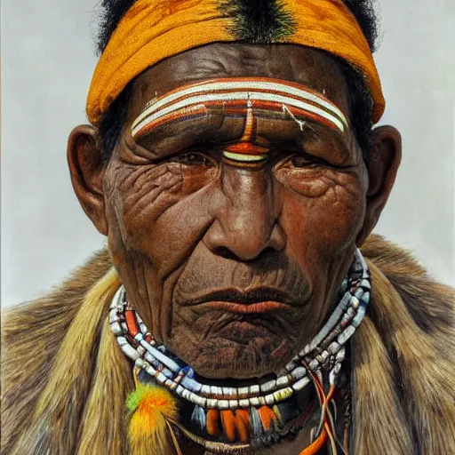 Prompt: high quality high detail painting by lucian freud, hd, portrait of a indigenous tribe leader with colored face, photorealistic lighting