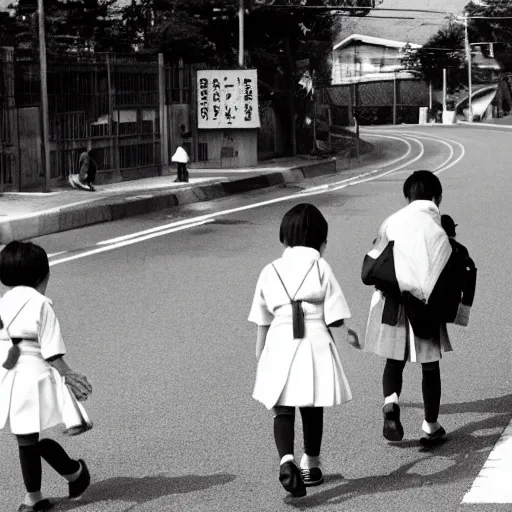 Prompt: Japanese school children walking to school