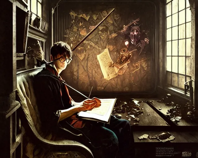 Prompt: a epic norman rockwell painting portrait of harry potter listening to music in a dark liminal space room, gritty tech, deep focus, fantasy, intricate, elegant, highly detailed, digital painting, artstation, concept art, matte, sharp focus, illustration, dark fantasy style art, resident evil, art by artgerm and greg rutkowski and alphonse mucha