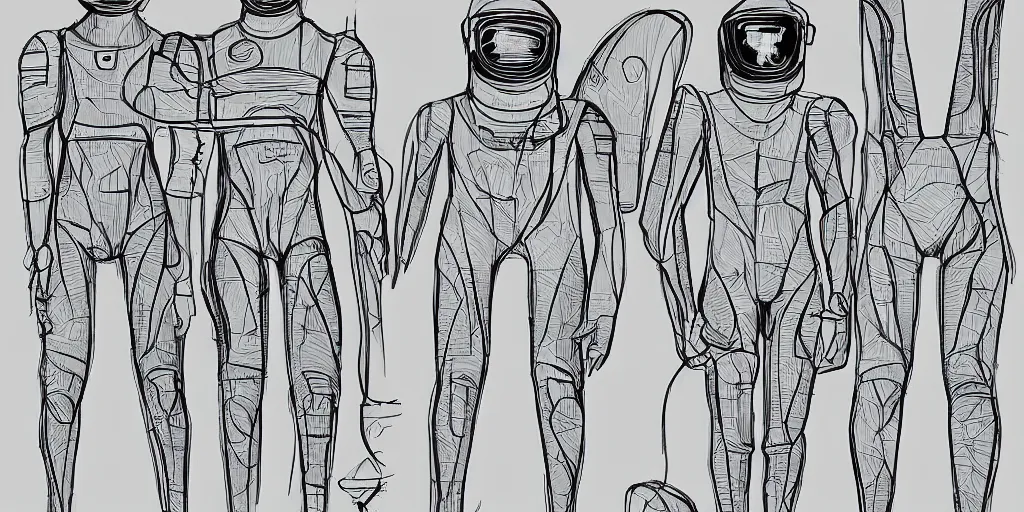 Image similar to male, elongated figure, space suit, sketch, large shoulders, short torso, long thin legs, tiny feet, character sheet, very stylized, illustration, pen and ink,