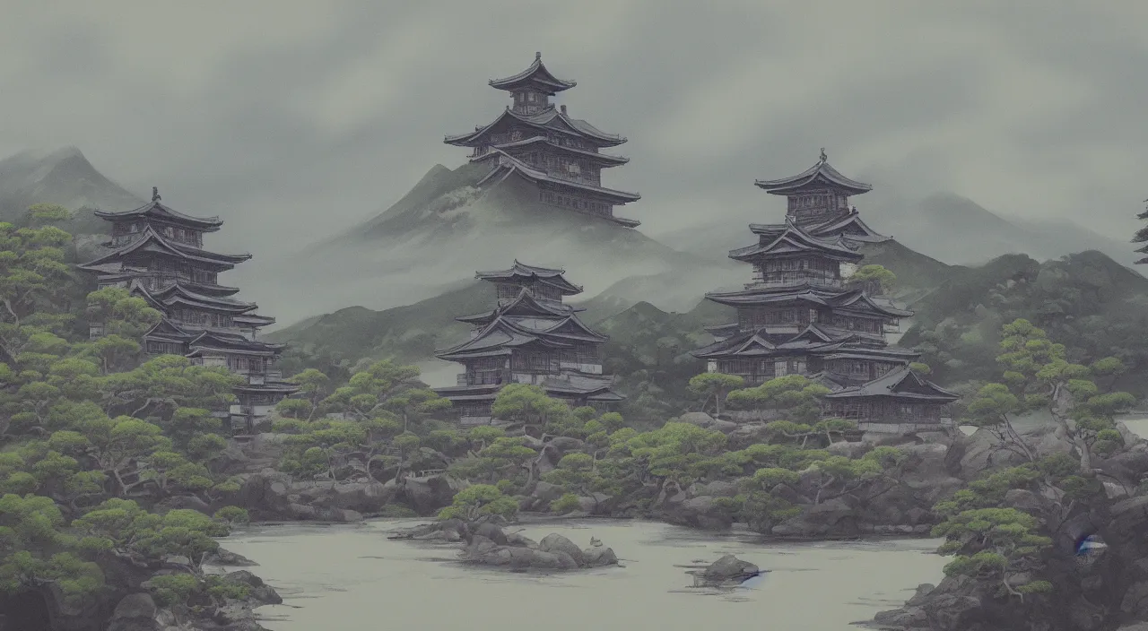 Prompt: a landscape painting of a Japanese castle, trending on artstation