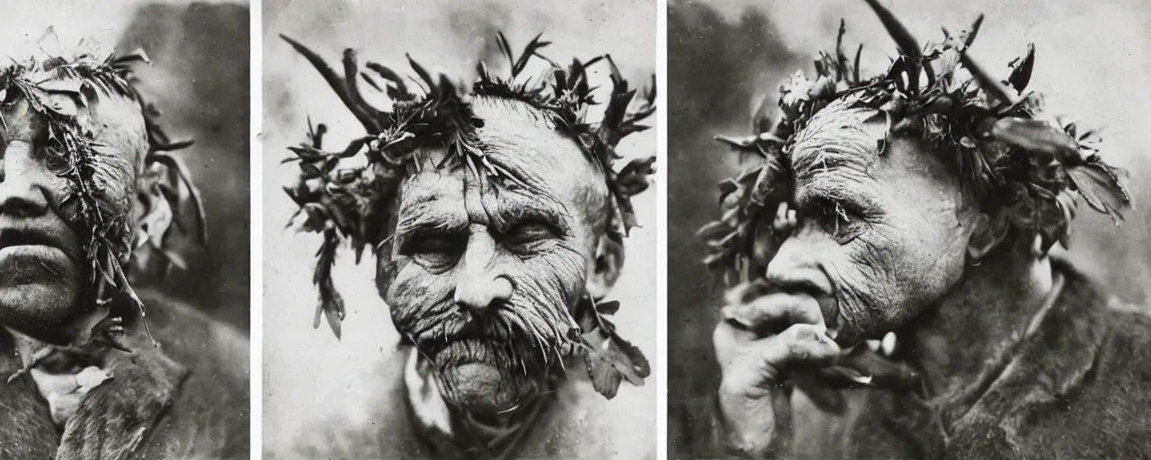 Image similar to 1920s portrait photography of an alpine old farmer transforming into a monster, edelweiss growing out of his face, goat horns on his head