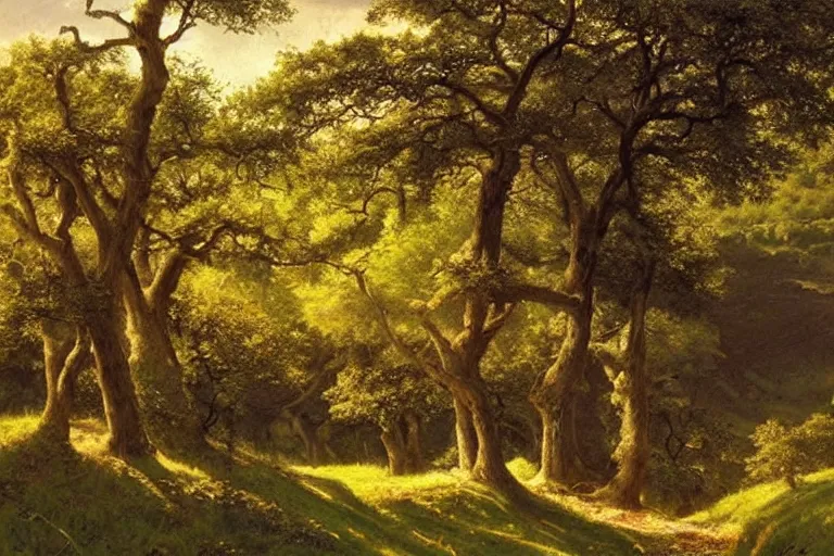 Image similar to masterpiece painting of oak trees on a hillside overlooking a creek, dramatic lighting, by james gurney