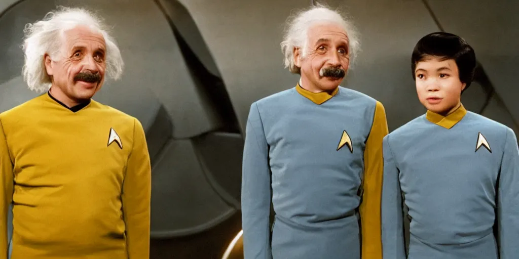 Image similar to Young Eintsein and Old Einstein in starfleet uniforms from the next Star Trek movie