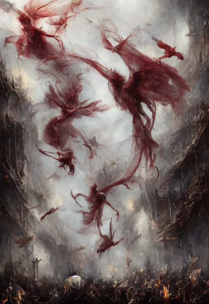 Prompt: breathtaking soft painting of a flight of many birds with silk veil outside of a cathedral in blood flames, by guillermo lorca and peter mohrbacher, white milk splash in bleeding meat and flesh, dynamic movement, intricate gothic bones and meat, rembrandt style, elegant, highly detailed, artstation, concept art, fantasy art, sharp focus, art by luis royo