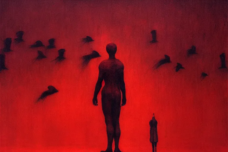 Image similar to only with red, a red dystopic knight, venice, flock of birds in the red sky, in the style of beksinski, parts by edward hopper, parts by rodcenko, parts by yue minjun, intricate and epic composition, red by caravaggio, insanely quality, highly detailed, masterpiece, red light, artstation, 4 k