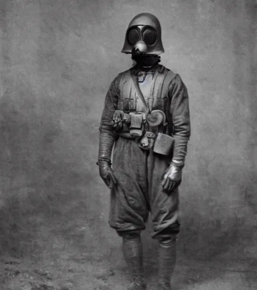 Prompt: a man in a chemical suit and gas mask, ww1 film photo, grainy, high detail, high resolution
