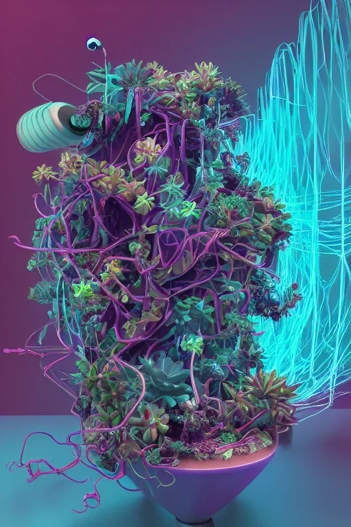 Prompt: epic 3 d abstract 🇵🇷 pc hacker, spinning hands and feet, 2 0 mm, plum and teal peanut butter melting smoothly into asymmetrical succulents and zz plants, liquid cooled, thick looping wires, beautiful, intricate, houdini sidefx, trending on artstation, by jeremy mann, ilya kuvshinov, jamie hewlett and ayami kojima