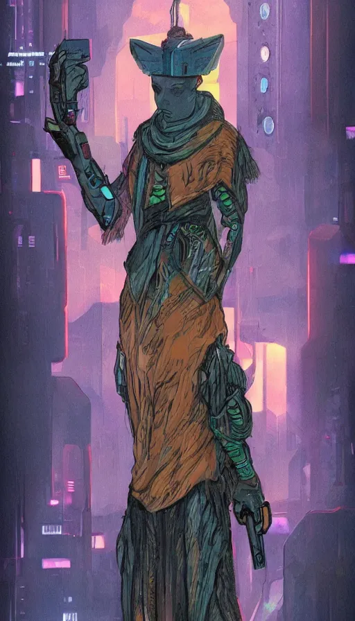 Image similar to a tarot card of the hermit, cyberpunk themed art, concept art