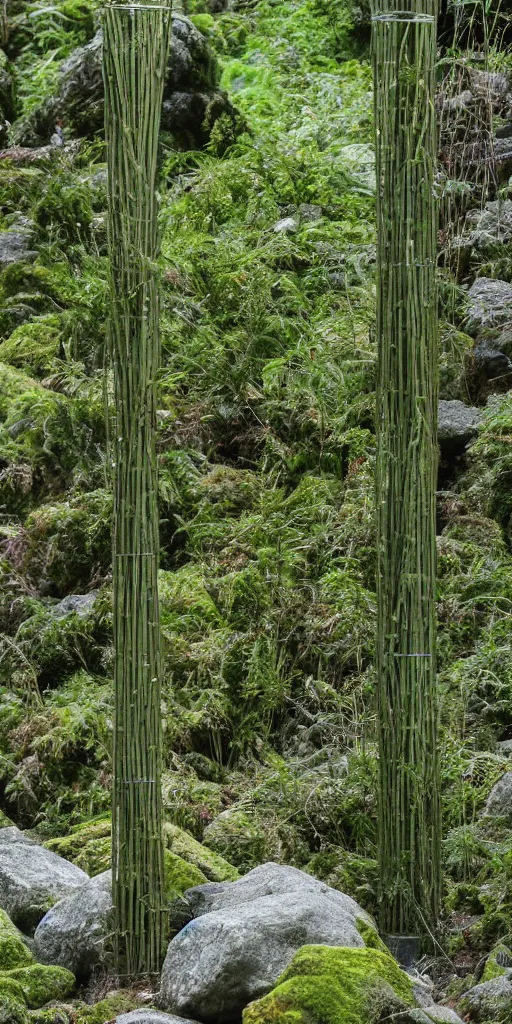 Image similar to tall and slender concrete rods emerge out of the gravel. Moss and ferns grow from holes in the rods. The rods are clustered very close together and stand straight and tall.